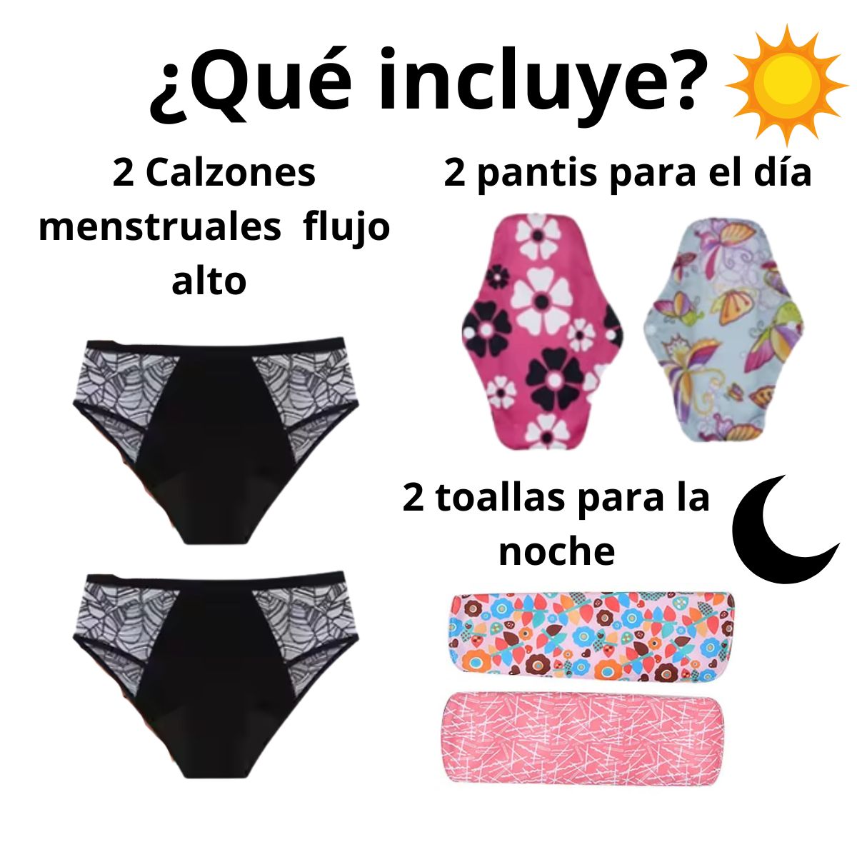 Kit Curvas con Confianza: 2 Panties Negros + 4 Toallas Día/Noche