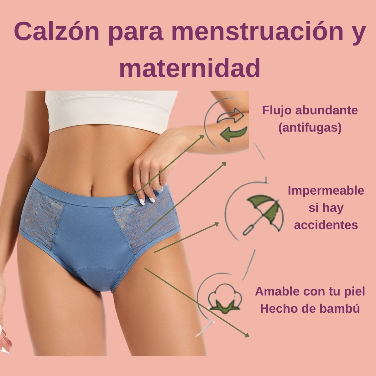 2 Pack Calzones Menstruales Azul Bambú Scentia Encaje Sexy Flujo Alto Braga