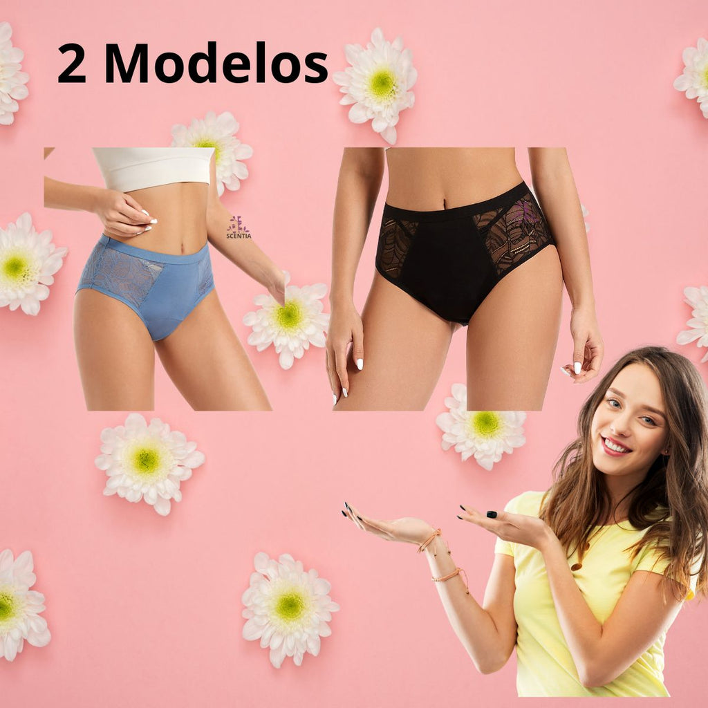 2 Pack Calzones Menstruales Azul Bambú Scentia Encaje Sexy Flujo Alto Braga