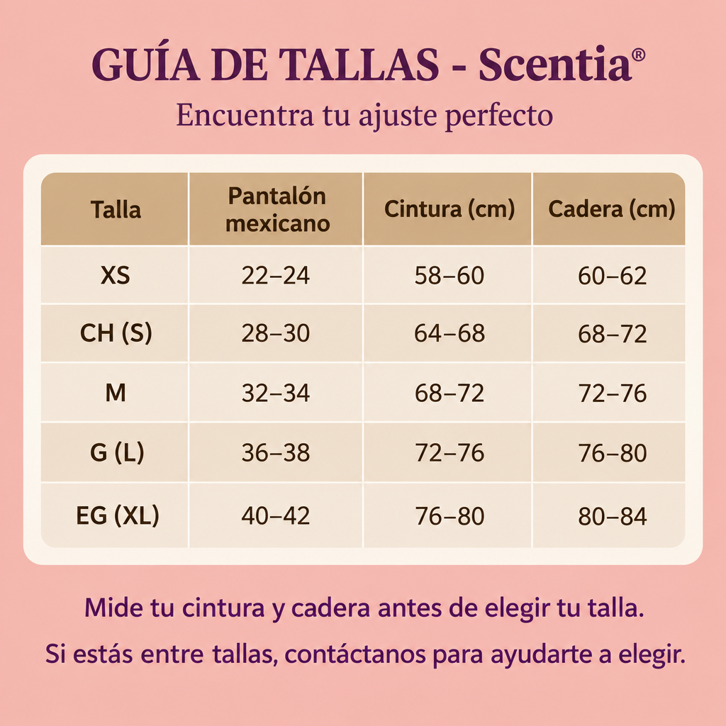 Guía de tallas Scentia de XS a XL con equivalencias de pantalón mexicano y medidas de cintura y cadera en centímetros.