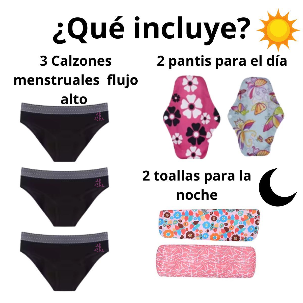 Kit Libertad: 3 calzones menstruales negros + 4 toallas de bambú